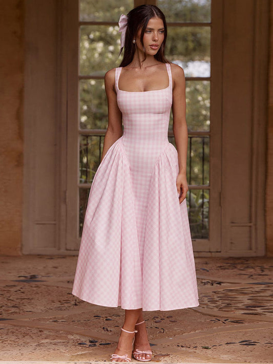 Party Dress Dresses Midi Pink Straps Neck Pleated Plaid Classic Semi Formal Summer Dress