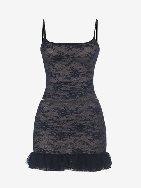 Two Piece Sets Black Lace Chic Straps Backless Neck Short Sleeves Skirt Set