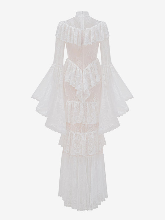 Party Dress Maxi White Stand Collar Lace Long Sleeves Shaping Flared Sleeves Chic Semi Formal Dress