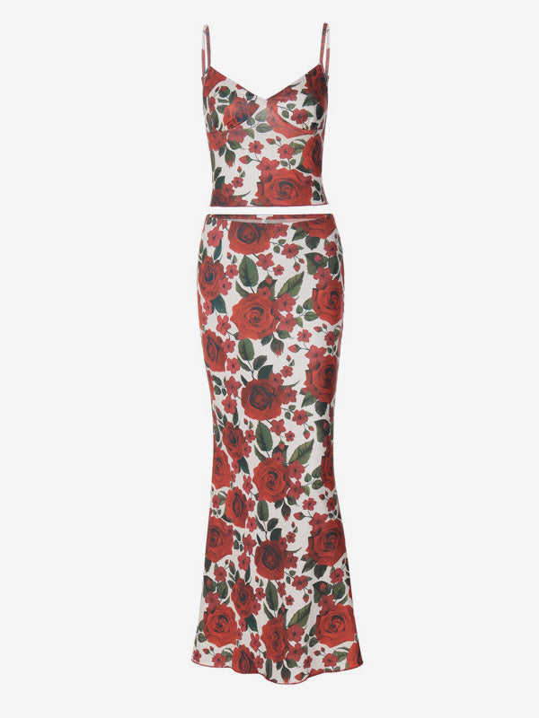 Two Piece Sets Red Casual Floral Print Street Wear Polyester Straps Neck Sleeveless Skirt Set