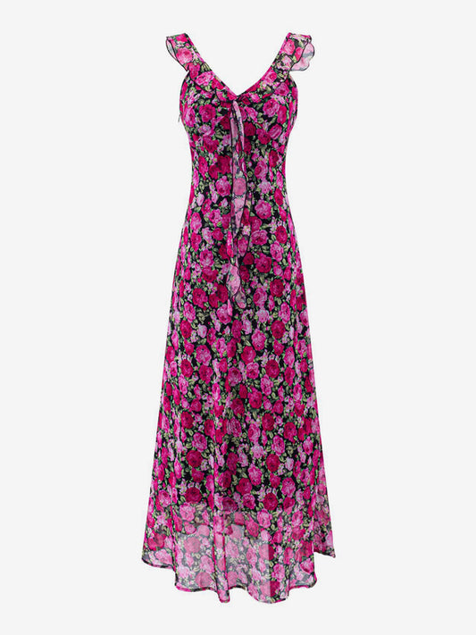 Daily Dresses For Women Red Shaping Flowers Sleeveless V-Neck Raised Waist Printed Dress