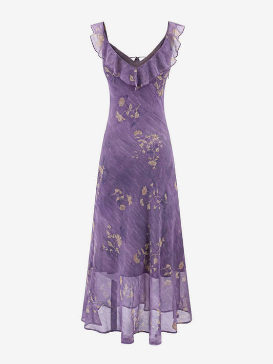 Daily Dresses For Woman Purple Flowers Sleeveless V-Neck Raised Waist Dress