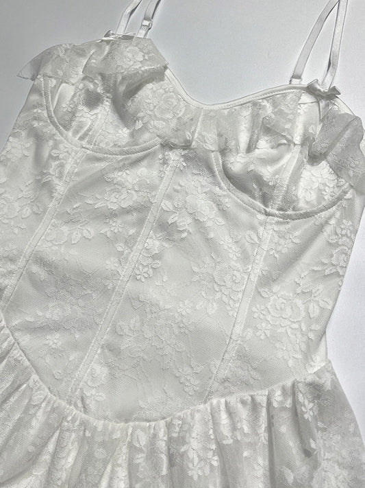 Date Night Dresses Mini Backless Lace Up Lace Sleeveless V-Neck Sexy White Dress
