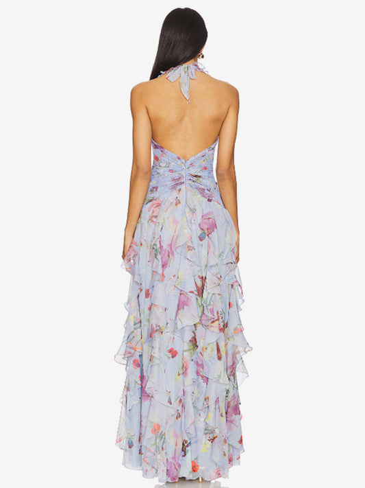 Vacation Dresses Maxi Backless Lace Up Pleated Sleeveless Floral Print V-Neck Sweet Light Gray Dress
