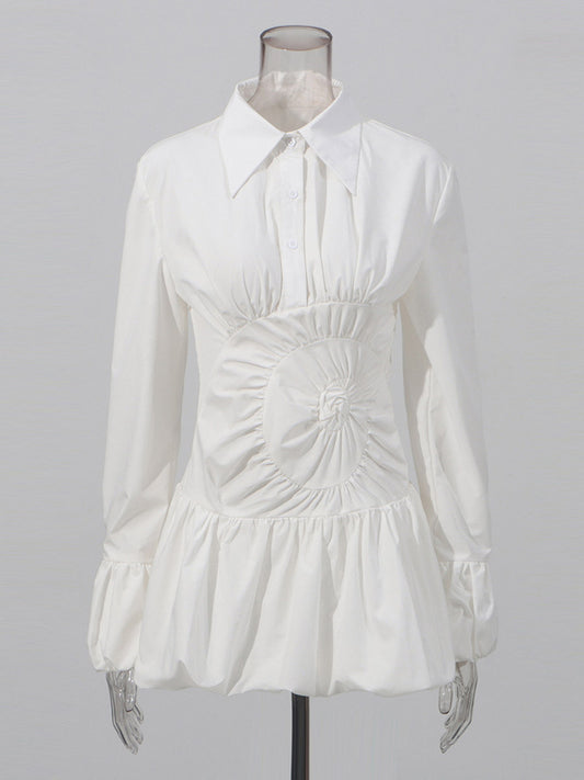 Daily Dresses Mini White Buttons Long Sleeves Turndown Collar Dress