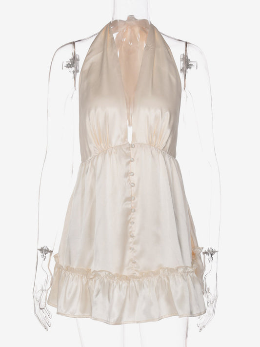 Date Night Dresses Mini Pleated Lace Up Sleeveless Halter Sweet Champagne Dress