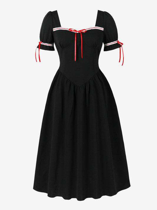 Vintage Dress Women's Puff Sleeve Midi Dress Square Neck Tie Front Fit And Flare Vintage Dress