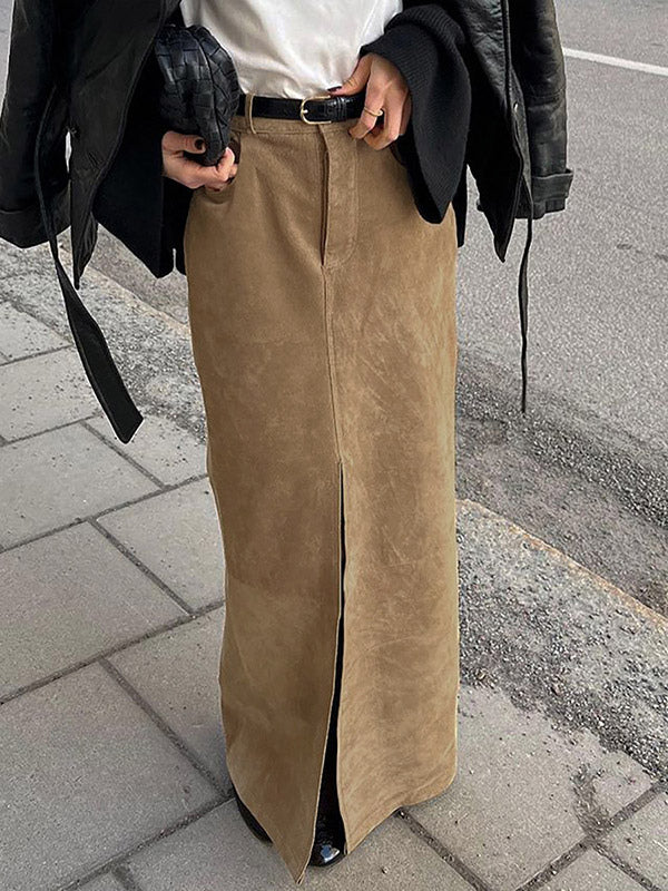 Vintage Khaki Faux Suede Front Slit High Waist Maxi Skirt