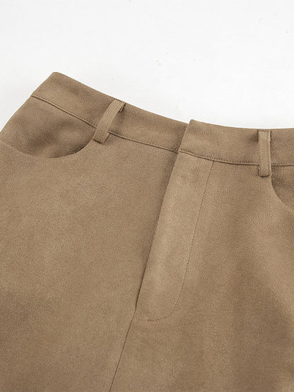 Vintage Khaki Faux Suede Front Slit High Waist Maxi Skirt