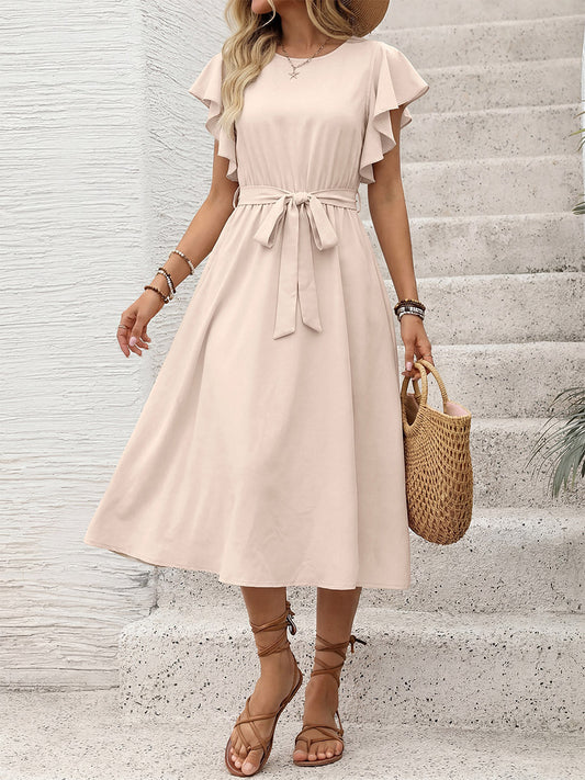 Vacation Dress Crew Neck Flutter Sleeve Flowy Summer Casual Midi Sundress
