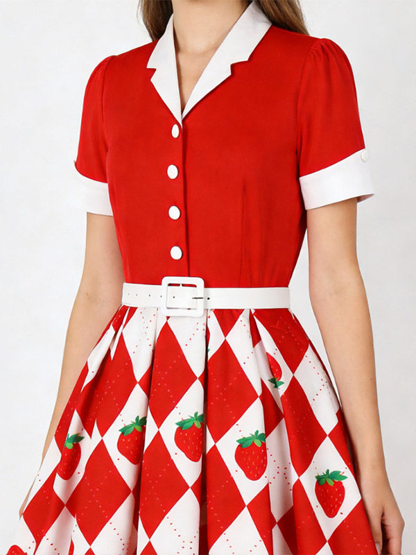 1950s Vintage Fruit Print Swing Dress Contrast Collar Puff Sleeve Belted Midi Dress