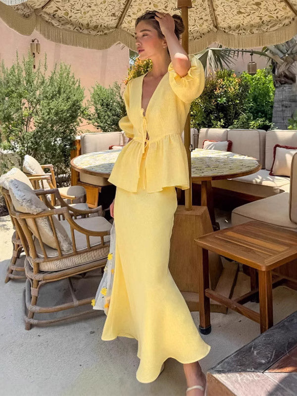 Women V Neck Front Tie Puff Sleeve Peplum Top Mermaid Maxi Skirt 2 Piece Set