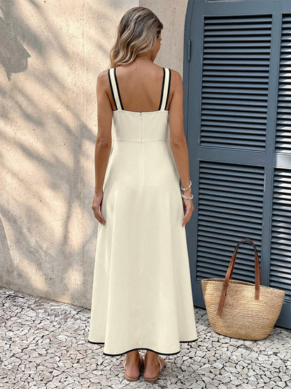 Vacation Dress Ivory Contrast Black Trim Cami Midi Straps Summer Dress