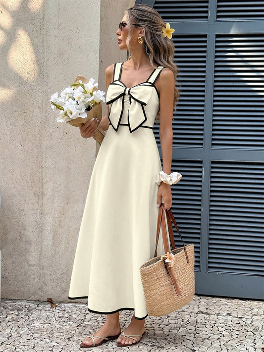 Vacation Dress Ivory Contrast Black Trim Cami Midi Straps Summer Dress