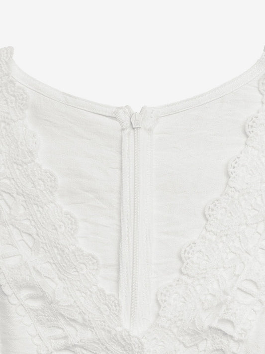 Boho Off-White Textured Jumpsuit V-Neck Ruffle Short Sleeve Crochet Lace Cutout High Waist Wide Leg Casual Playsuit