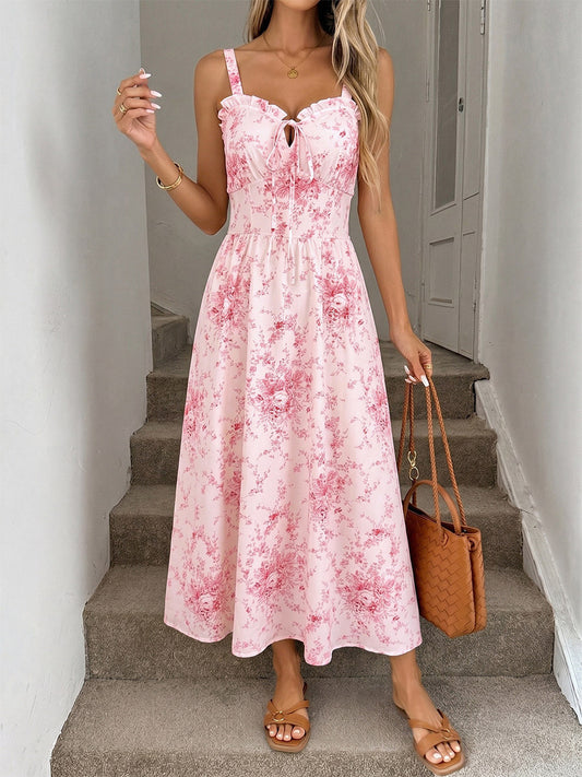 Vacation Sundress Pink Tiny Floral Print Spaghetti Strap Casual Flowy Midi Dress