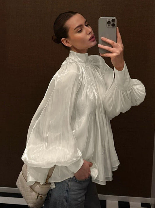 Cream Glossy Satin Mock Neck Gathered Top Balloon Sleeve Pearl Cuff Oversized Blouse