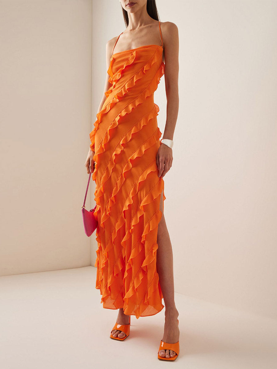 Date Night Dresses Maxi Sexy Orange Spaghetti Strap Cross Back Ruffle Tiered High Slit Bodycon Dress