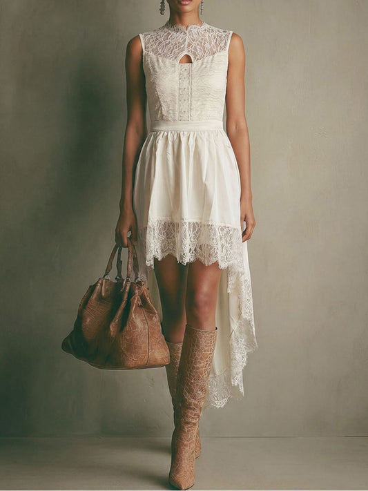 Date Night Dresses Midi High Low Bohemian Lace Sleeveless Jewel Neck Irregular Flowy White Dresses
