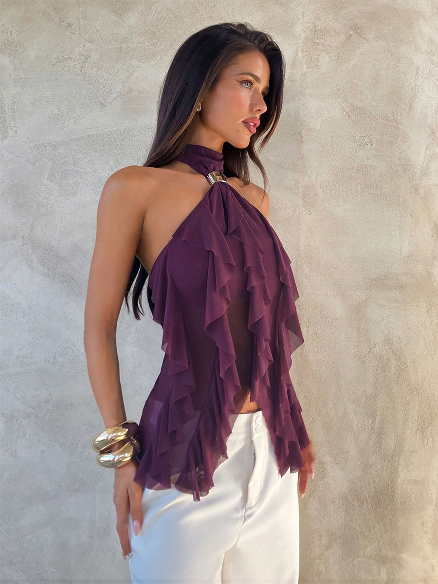 Halter Gold Buckle Ruffle Sheer Mesh Tie Back Cami Top