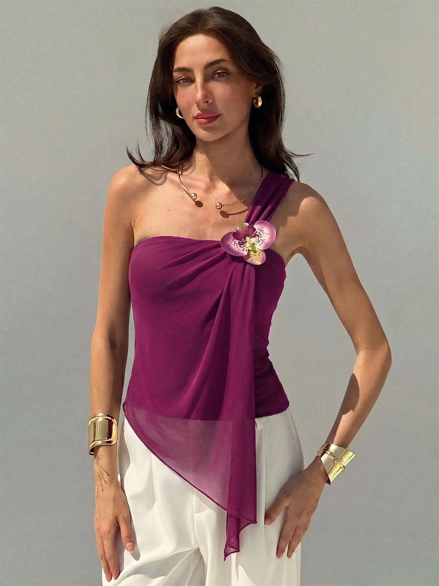 One Shoulder 3D Floral Ruched Asymmetrical Hem Sleeveless Top