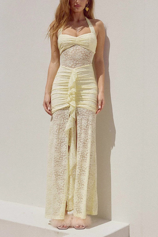 Halterneck Lace Patchwork Ruched Dress