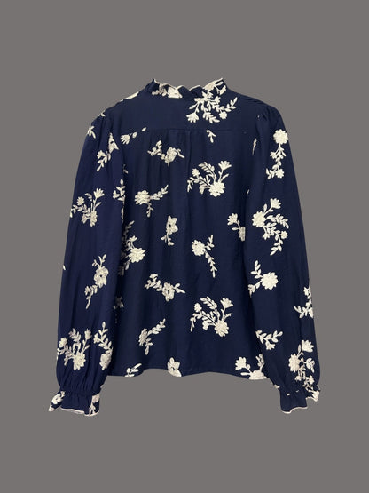 Floral Embroidery Color-blocked V-neck Lantern Sleeve Shirt
