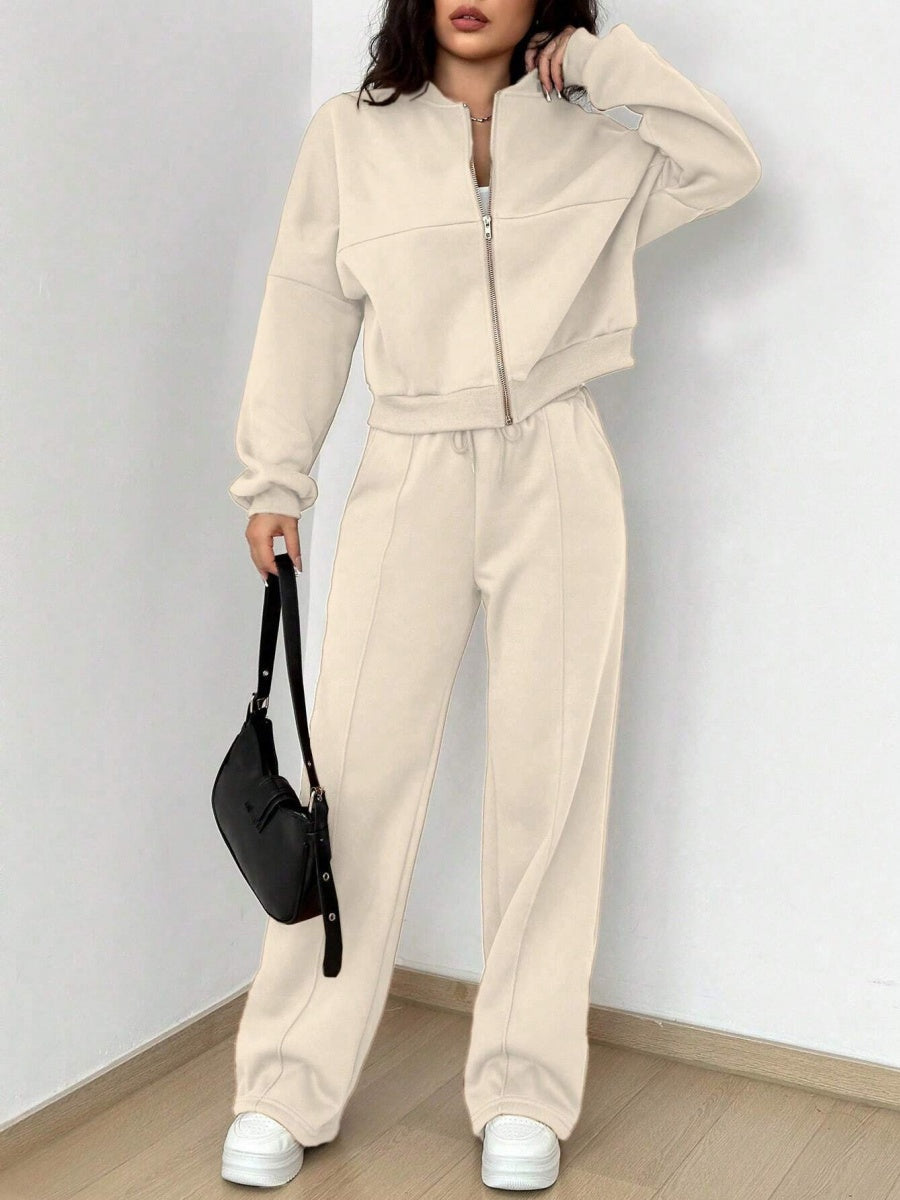 Sports And Leisure Solid Color Crew Neck Zipper 2-piece Sets