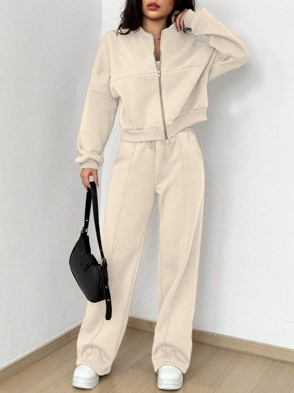 Sports And Leisure Solid Color Crew Neck Zipper 2-piece Sets