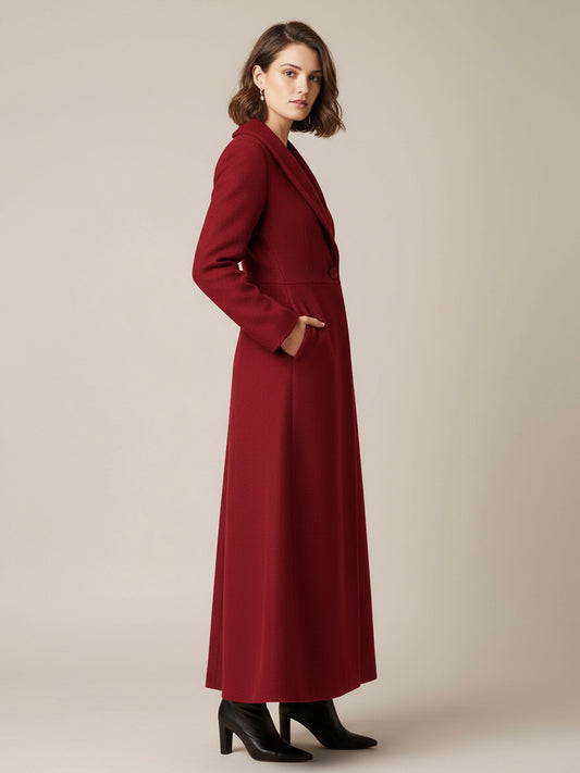 Shawl Collar Full-Length Woolen Coat With A-Line And V-Neck For Women 2026