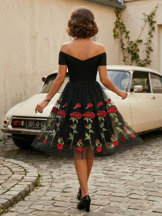 Rose Embroidered Vintage Midi Swing Dress for Women - 1950s Off Shoulder Style A-Line - Summer Tea Party 2026
