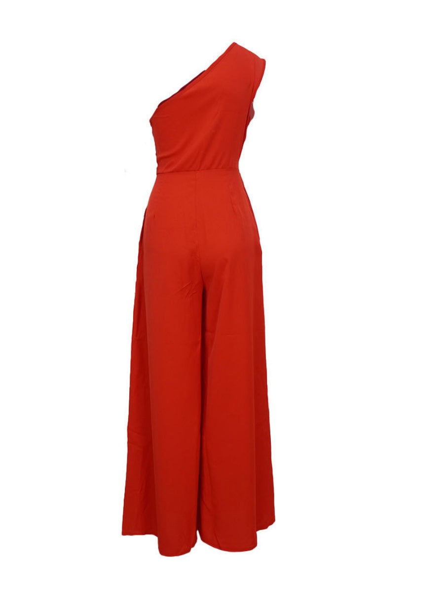 One Shoulder High Waist Lace Up Wide Leg Jumpsuits