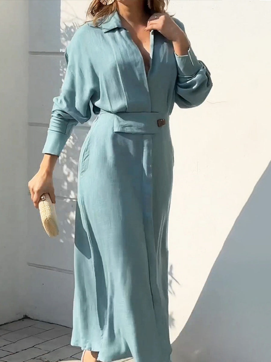 Lapel-front, Fitted Waist, Belted Solid Color Cardigan Long Dress