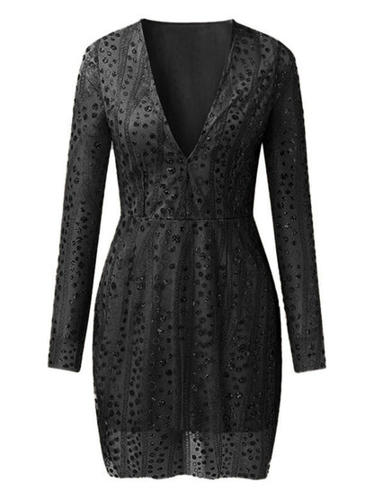 Deep V Long Sleeve Polka Dot Sequins Mini&Short Dresses