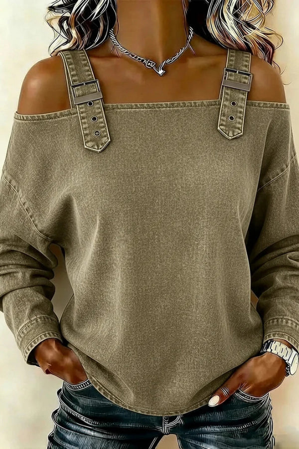 Fashionable Faux Denim Off-shoulder Long-sleeved Loose Top