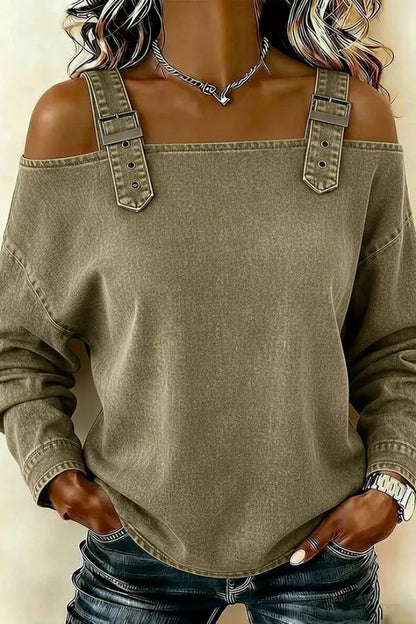 Fashionable Faux Denim Off-shoulder Long-sleeved Loose Top