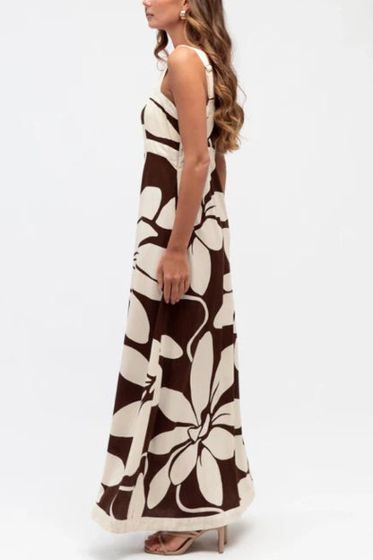 Color-blocked Floral Print Square Neck Sleeveless Casual Maxi Dress