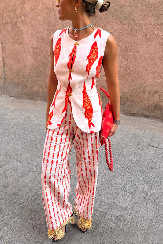 Good Luck Linen Blend Koi Pattern High Rise Elastic Waist Loose Pants