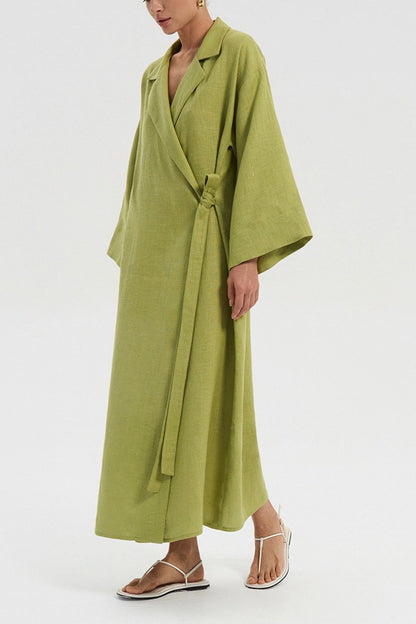 Lapel Tie-up Cotton Linen Dress