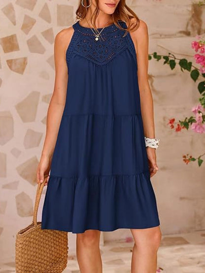 Loose-fit Trim Hollow Lace Halter Mini&Short Dresses