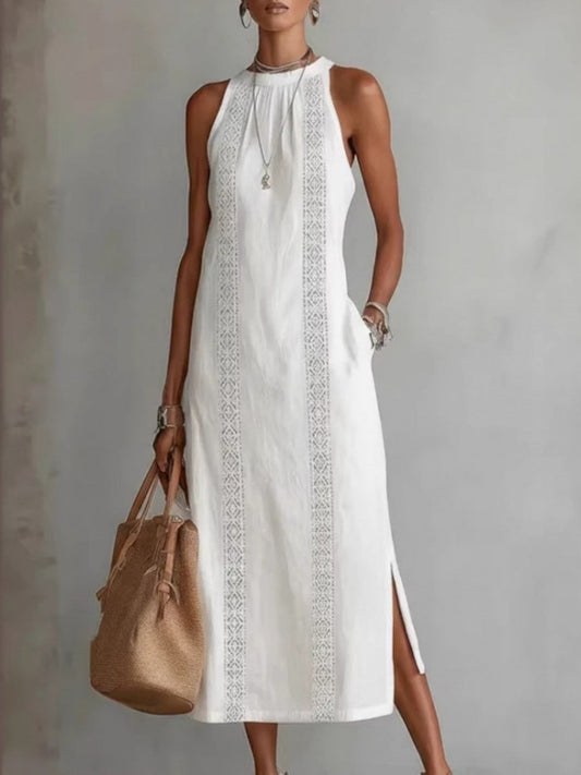 Halter Solid Color Lace Stitching Loose-fit Sundress Maxi Dresses
