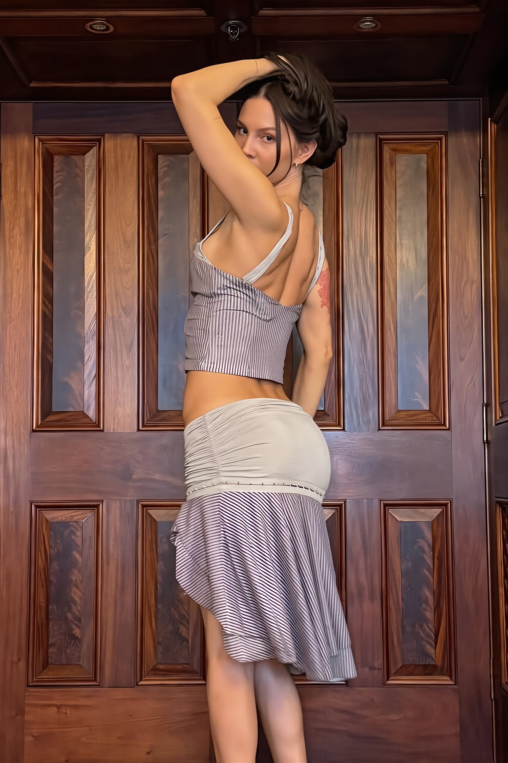 Sexy Stripe Patchwork Halter Open Back Skirt Sets