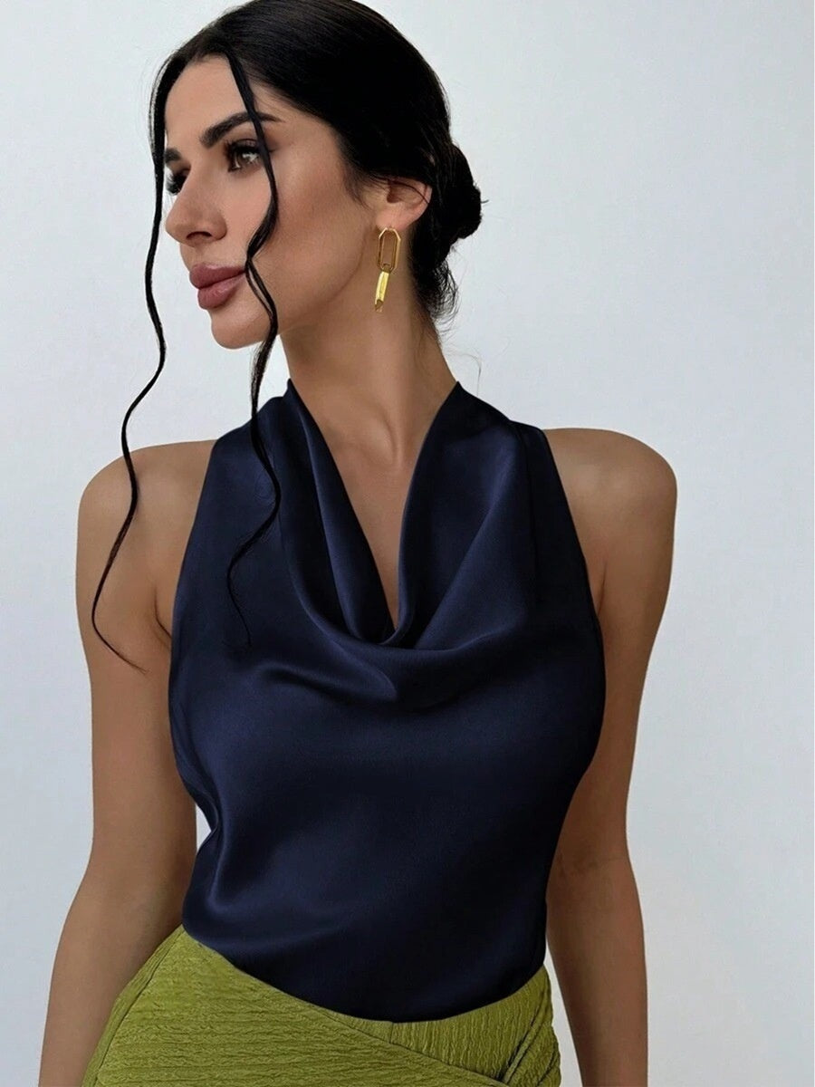 Pleats Solid Color Sexy Sleeveless Satin Satin Vest
