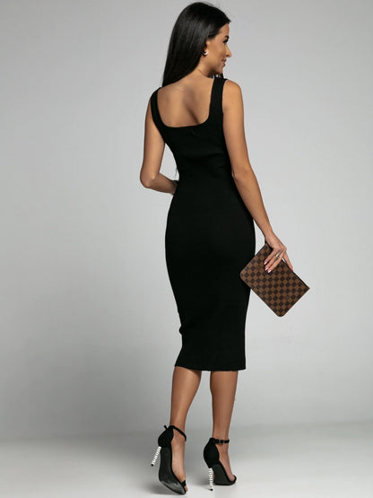 Off-shoulder Sleeveless U-neck Bodycon Ribbed Stripe Midi Dresses