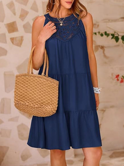 Loose-fit Trim Hollow Lace Halter Mini&Short Dresses