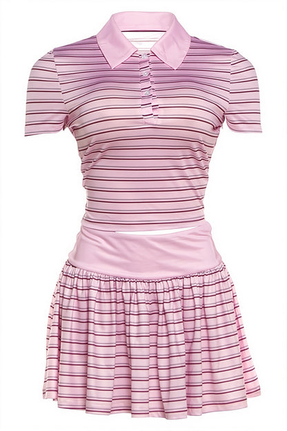 Sexy Vintage Stripe Polo Top Low Rise Skirt Sets