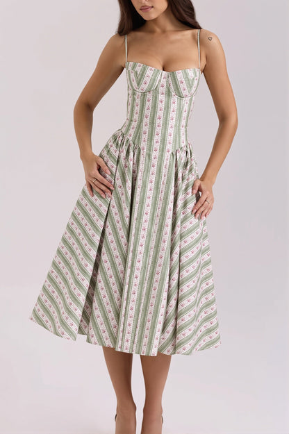 Fresh Floral Striped Cami Midi Dress