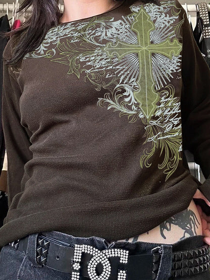 Vintage Cross Print Long Sleeve Tee
