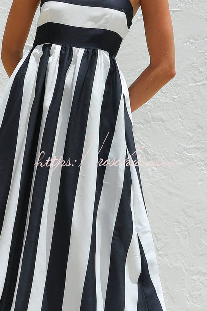Color-blocked Striped Print Square Neck Suspender Casual Pocket Maxi Dress