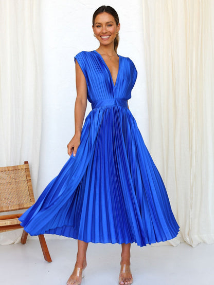 Solid Color V-neck Sleeveless Midi Dresses
